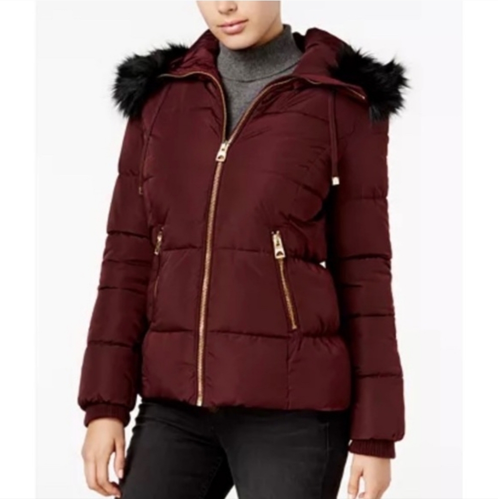 Guess Burgundy Puffer Jacket with Black Faux Fur Trim Size M